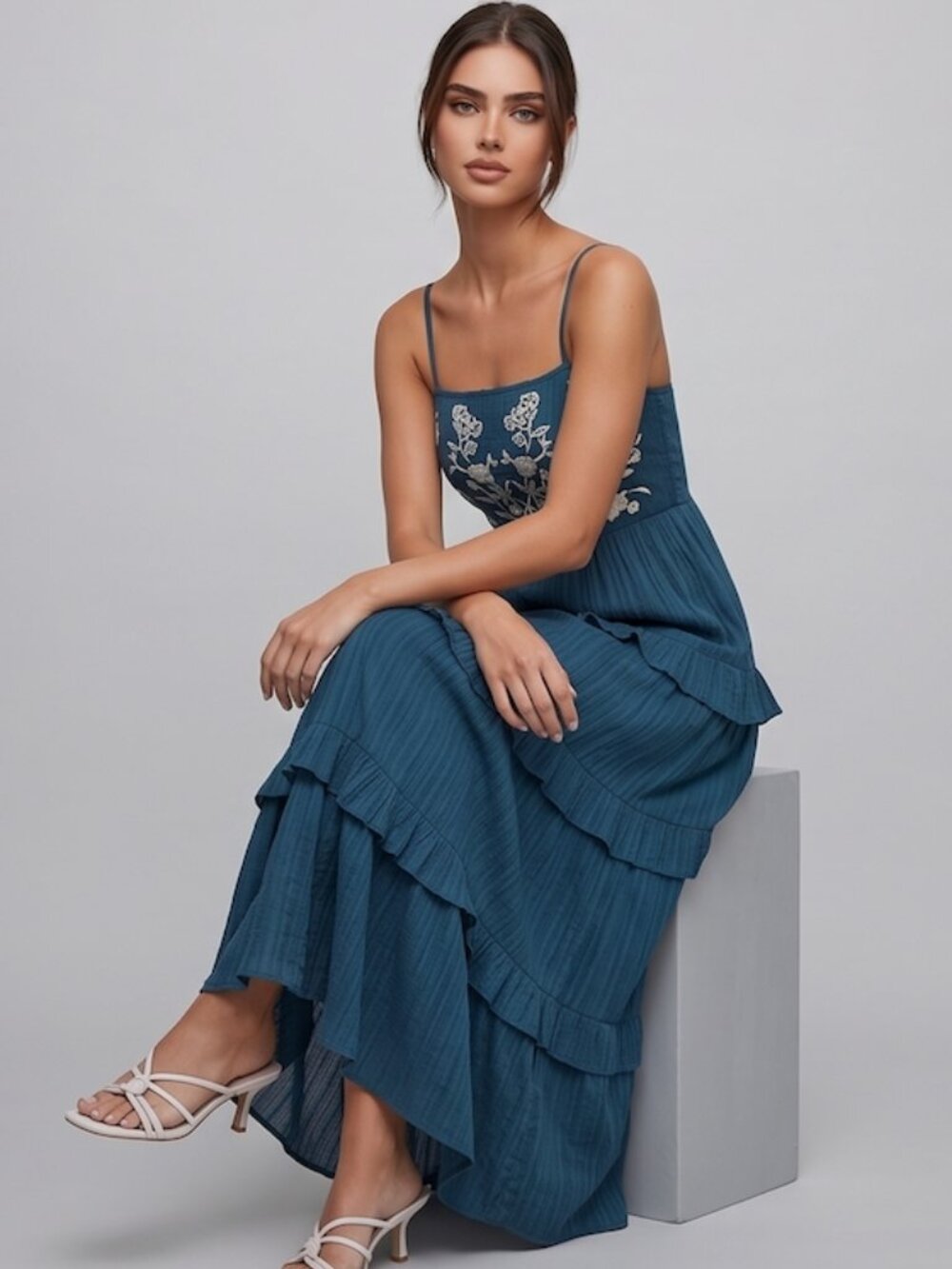 Floral Embroidered Layered Hem Cami Dress Blue - Picture 3 of 11